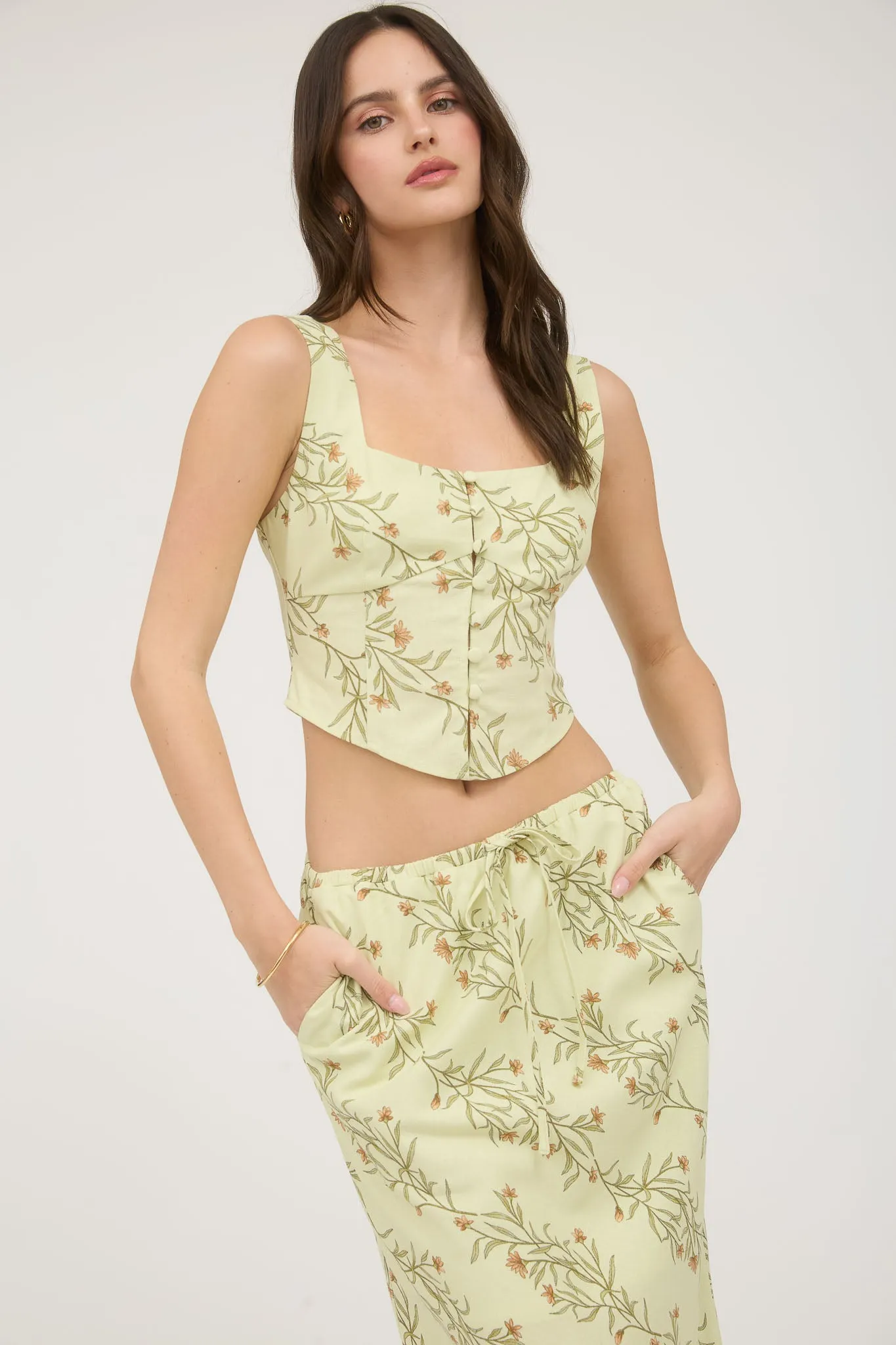 FLORAL CORSET DETAIL BUTTON DOWN LINEN CROP TOP