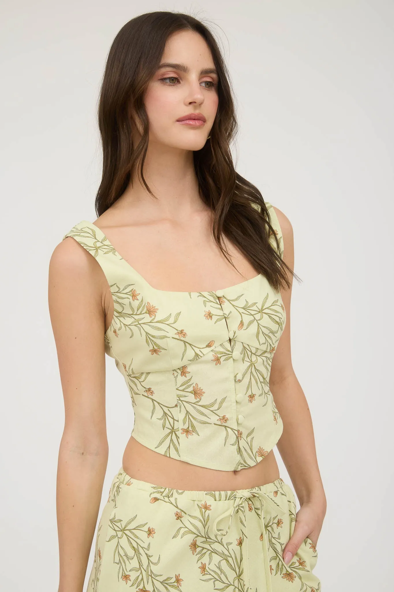 FLORAL CORSET DETAIL BUTTON DOWN LINEN CROP TOP