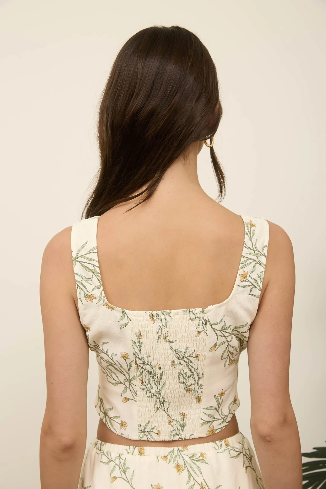 FLORAL CORSET DETAIL BUTTON DOWN LINEN CROP TOP