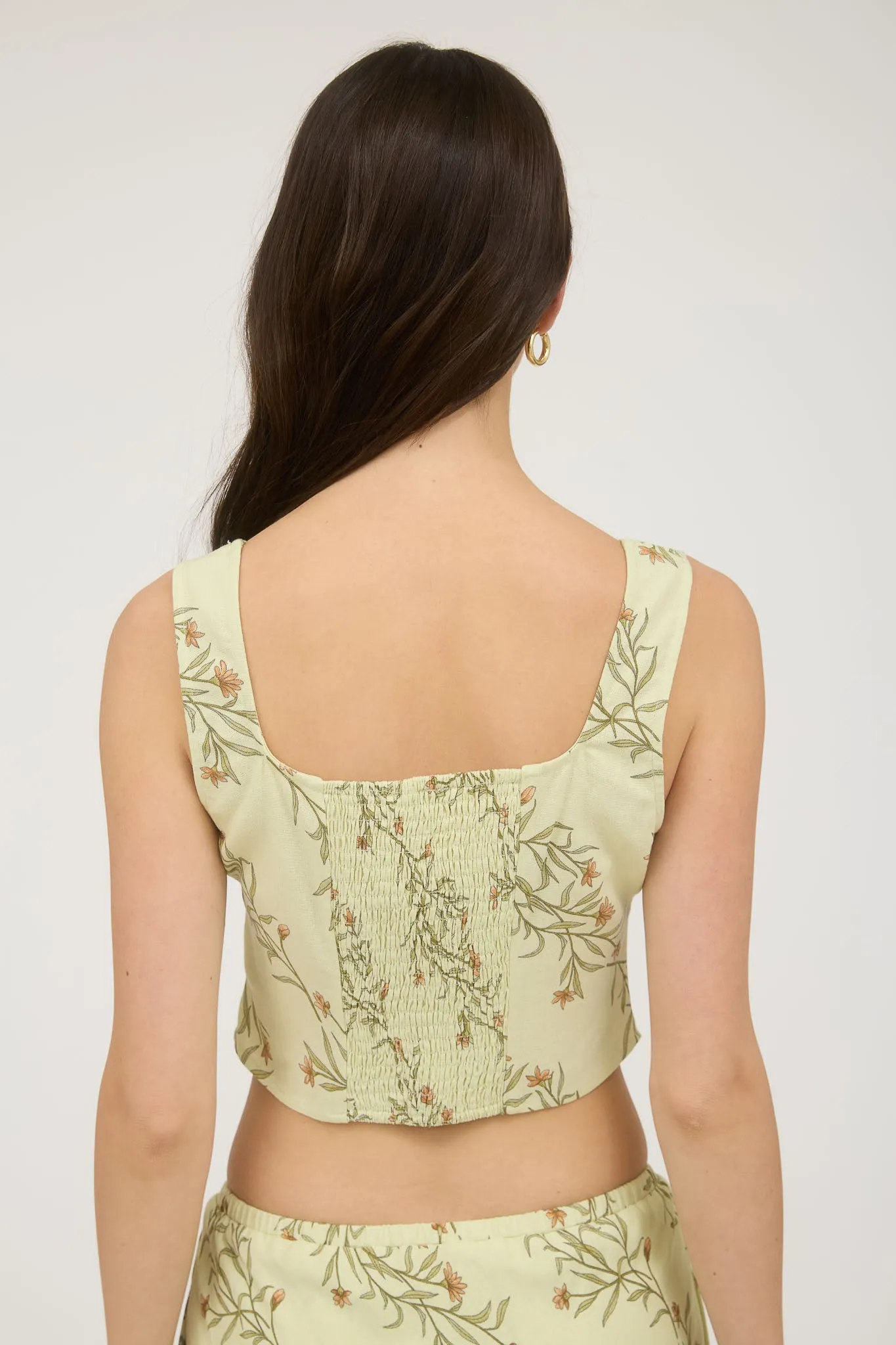 FLORAL CORSET DETAIL BUTTON DOWN LINEN CROP TOP