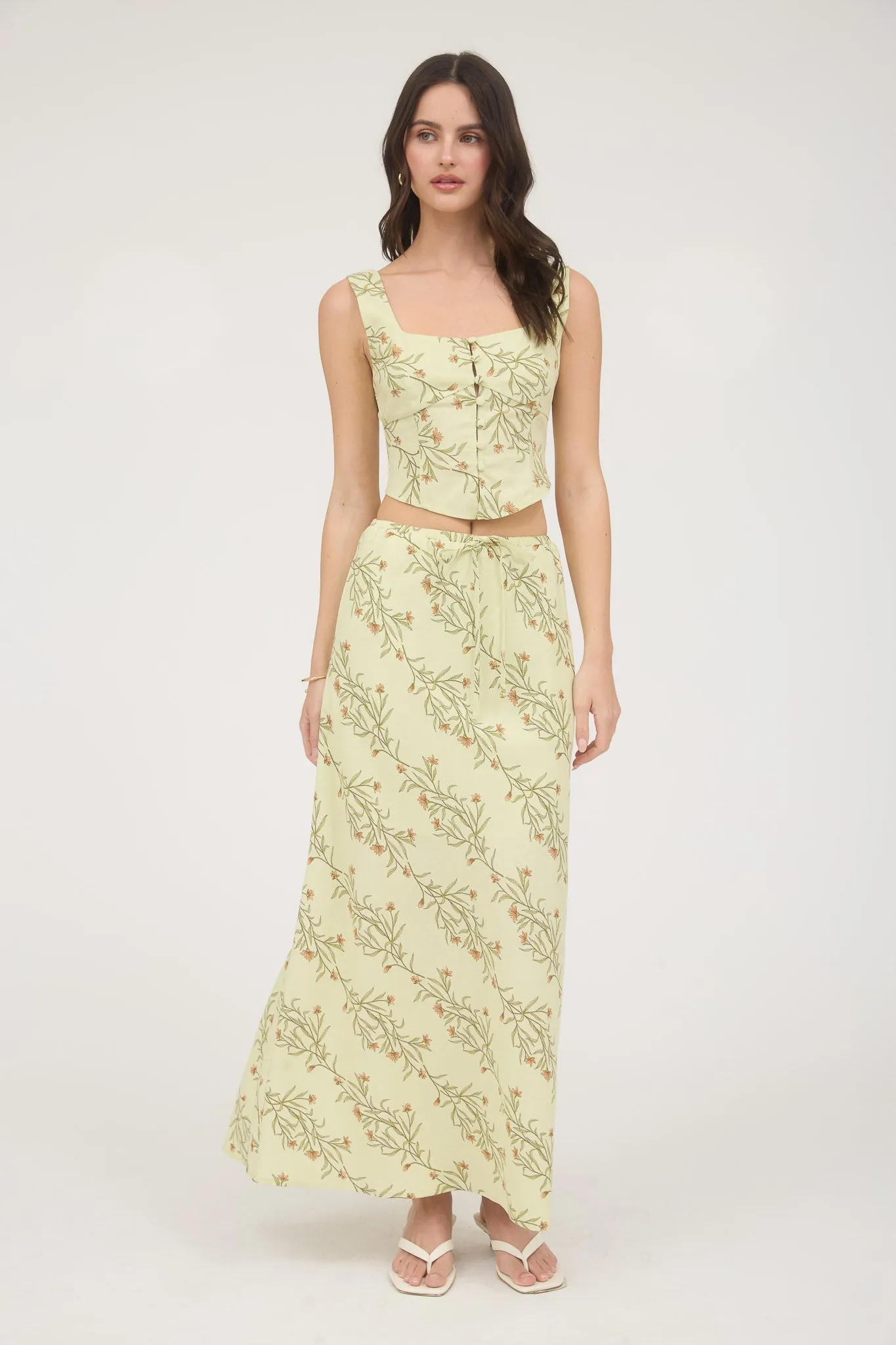 FLORAL CORSET DETAIL BUTTON DOWN LINEN CROP TOP