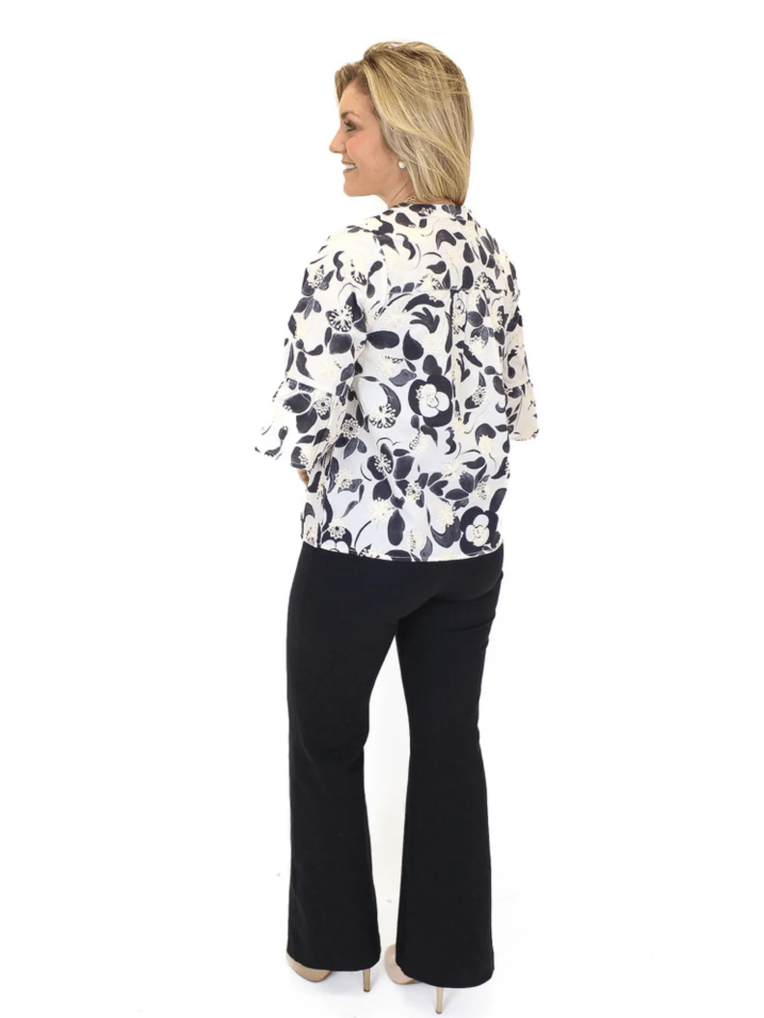 Floral Embroidered Bell Sleeve Top - Black