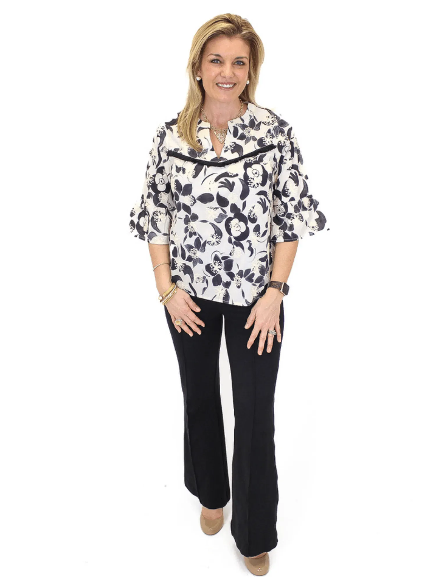 Floral Embroidered Bell Sleeve Top - Black