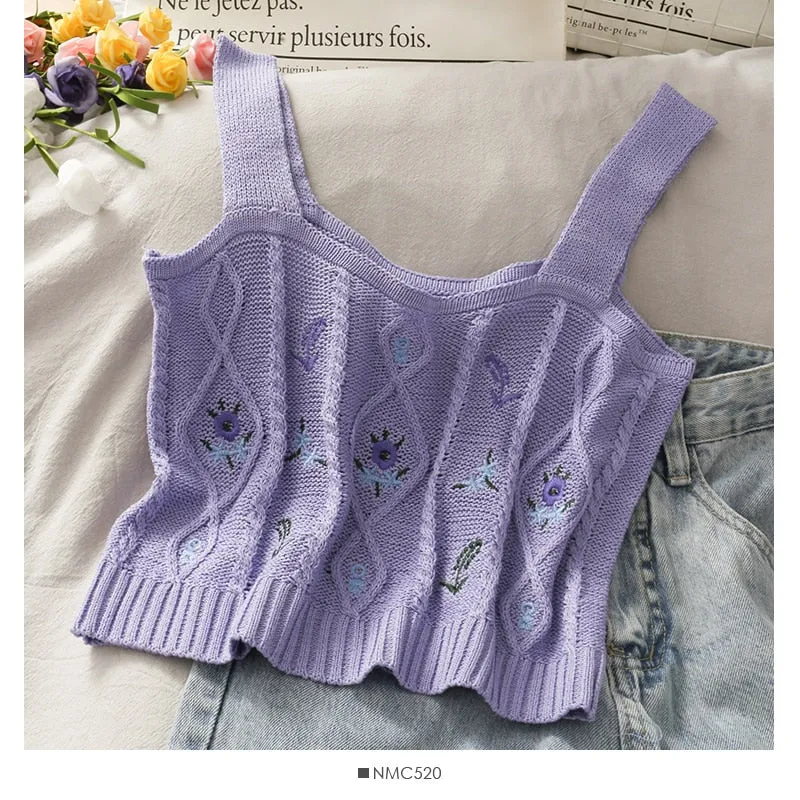 Floral Embroidered Knit Vest for Women
