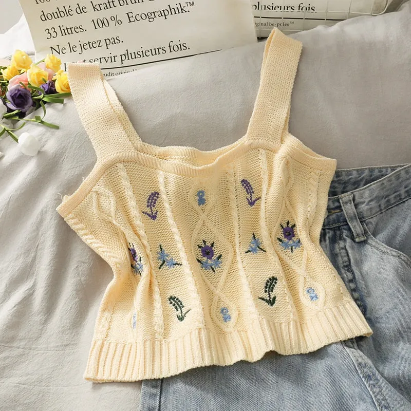 Floral Embroidered Knit Vest for Women