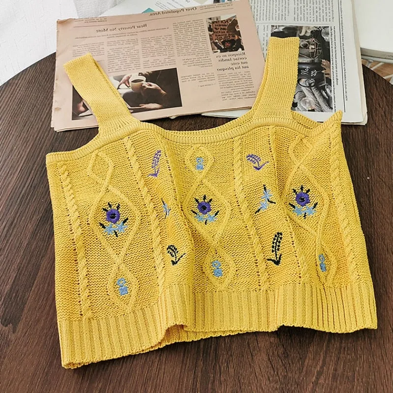 Floral Embroidered Knit Vest for Women