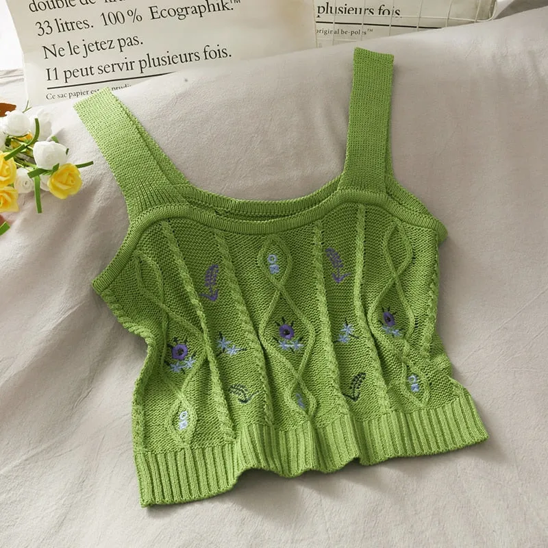 Floral Embroidered Knit Vest for Women