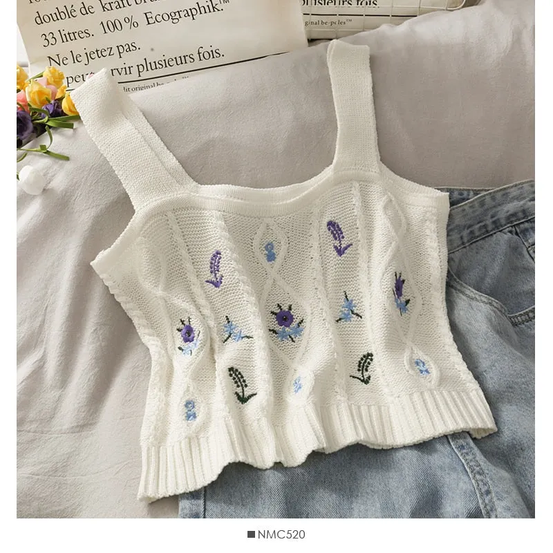 Floral Embroidered Knit Vest for Women