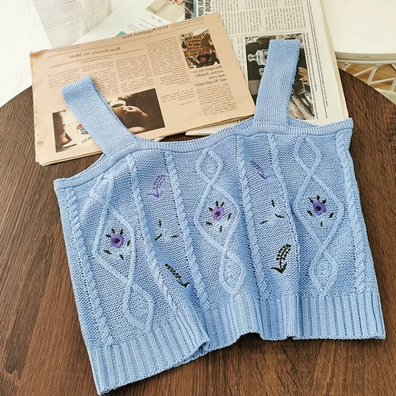 Floral Embroidered Knit Vest for Women