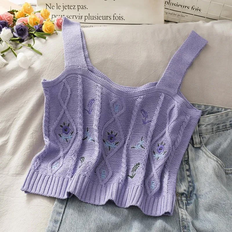 Floral Embroidered Knit Vest for Women