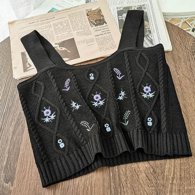 Floral Embroidered Knit Vest for Women