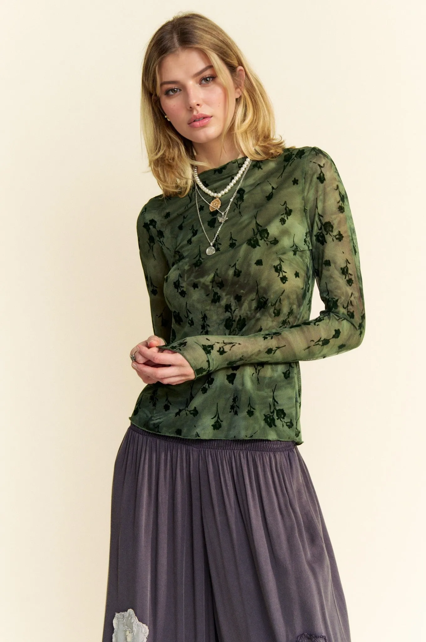 Floral Mesh Sheer Layering Top