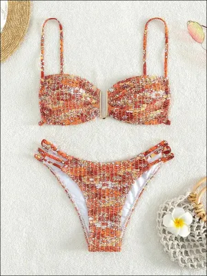 Floral print smocked bikini swimsuit