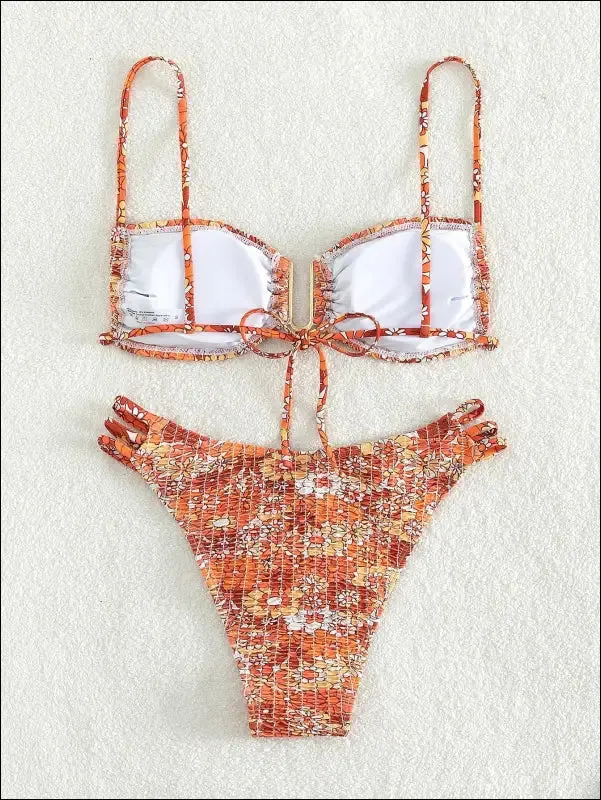 Floral print smocked bikini swimsuit