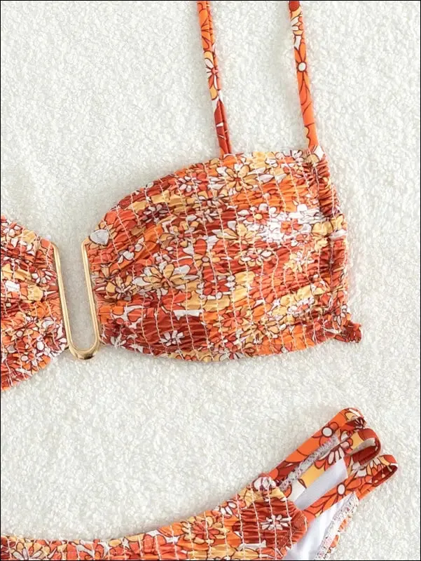 Floral print smocked bikini swimsuit