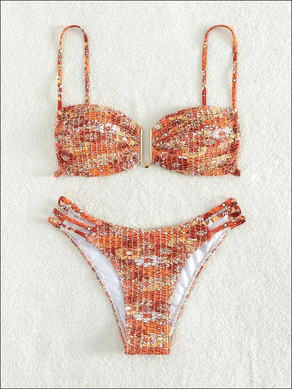 Floral print smocked bikini swimsuit