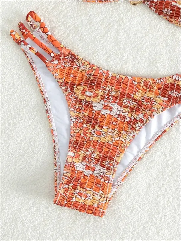Floral print smocked bikini swimsuit