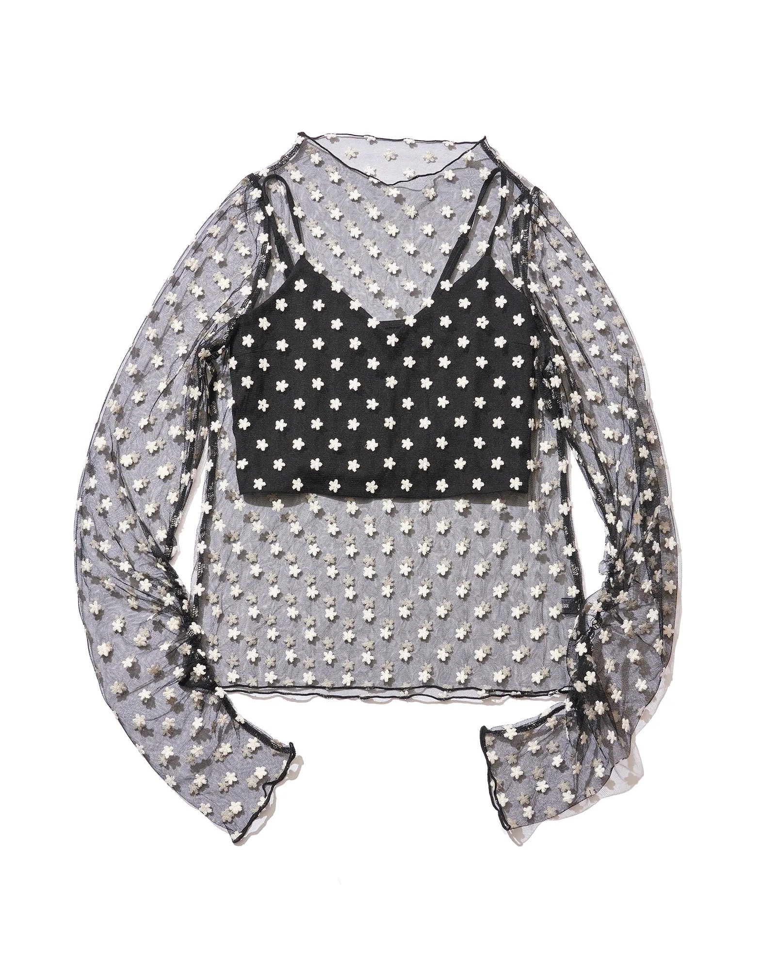 Flower tulle sheer tops - BLACK