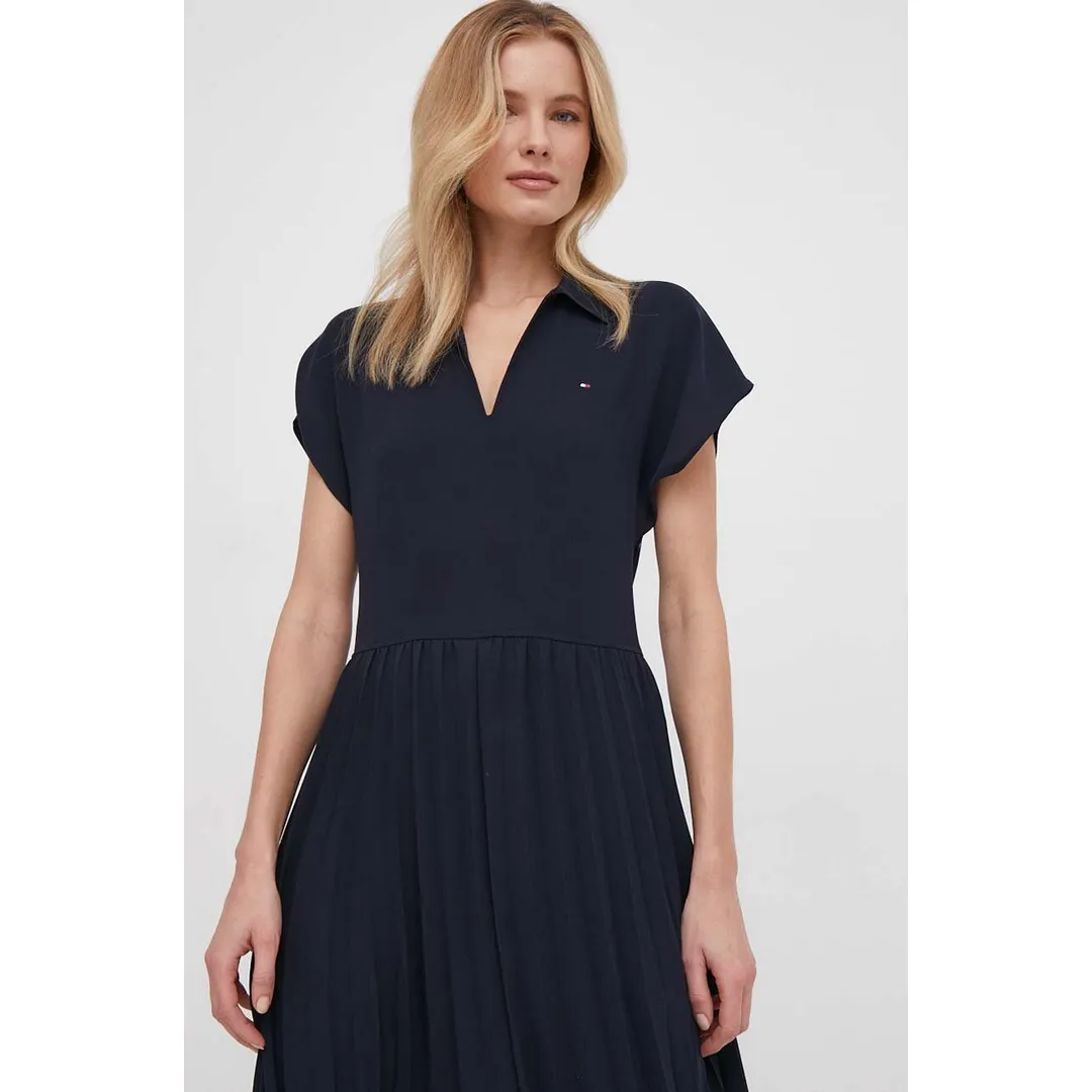 FLUID PLEATED SS MIDI POLO DRESS