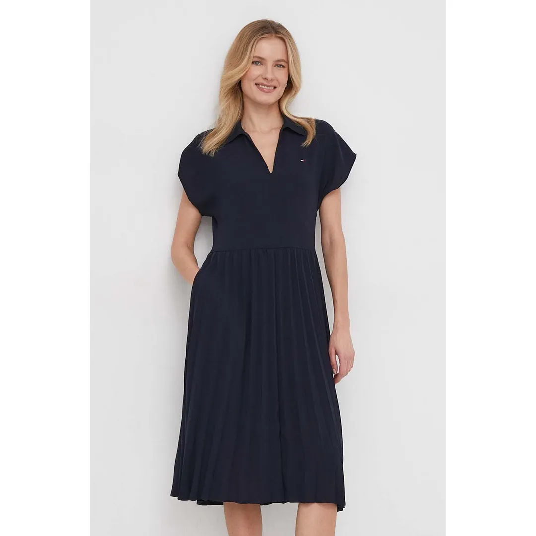 FLUID PLEATED SS MIDI POLO DRESS