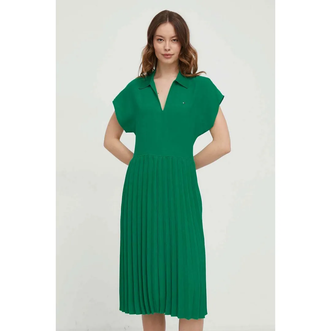 FLUID PLEATED SS MIDI POLO DRESS