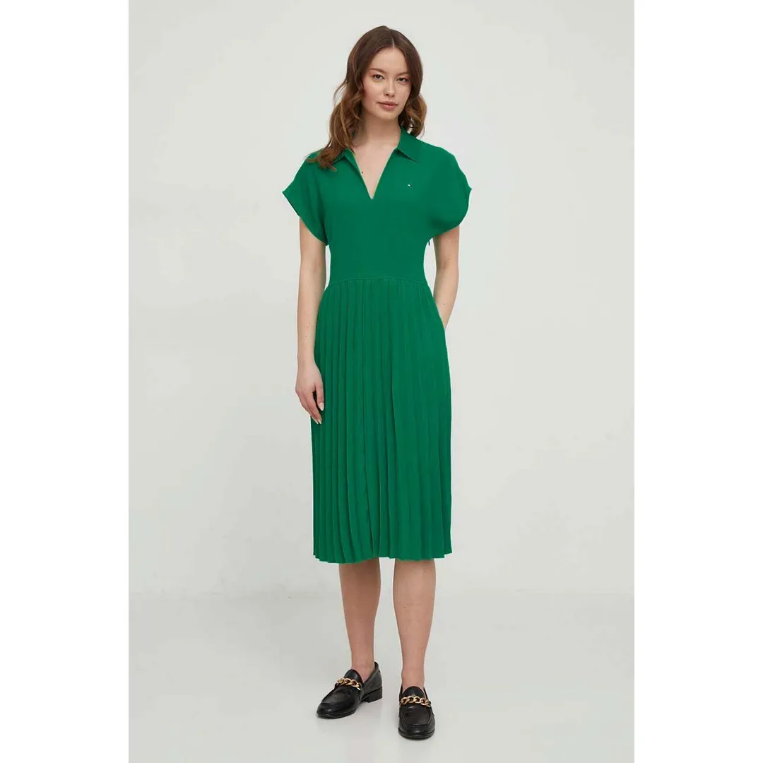 FLUID PLEATED SS MIDI POLO DRESS