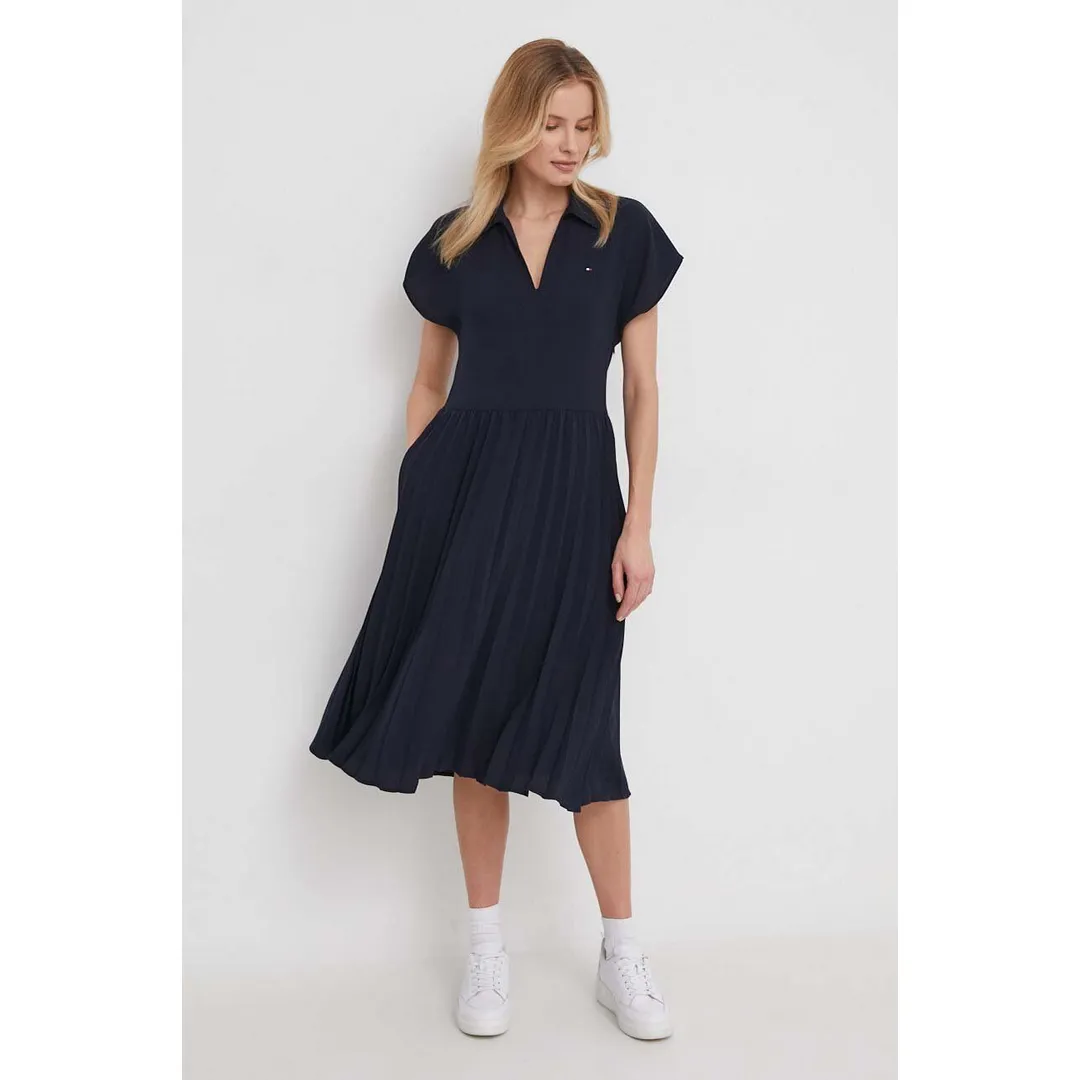 FLUID PLEATED SS MIDI POLO DRESS