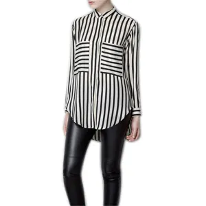 Formal blouses Long Sleeve Button Down Women's Shirt Vertical Striped Chiffon Pocket Career Tops