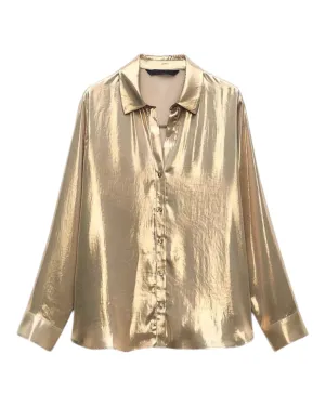 Gold Metallic Collared Button-Up Shirt