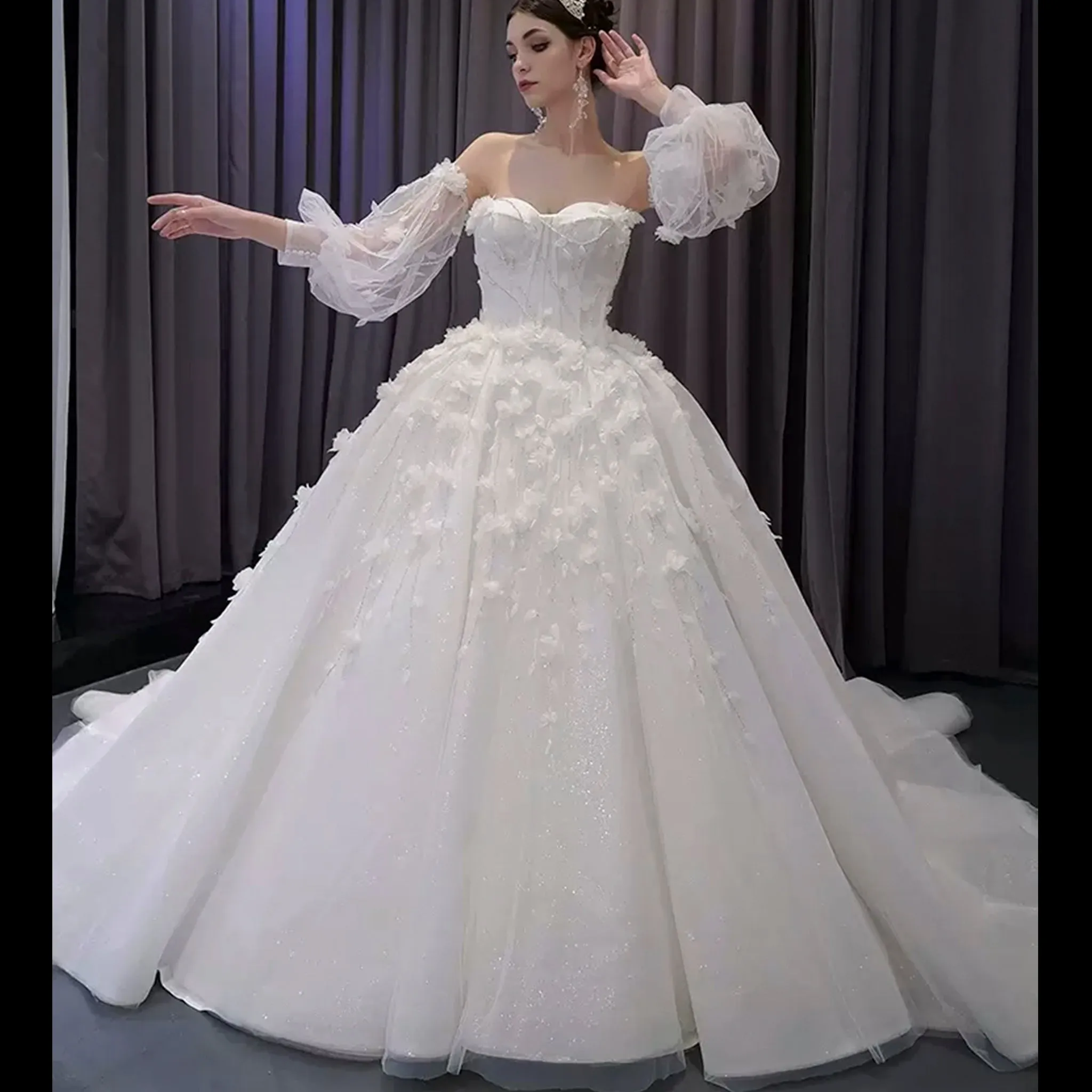 Gorgeous Puffy Ball Gown Wedding Dress with Detachable Long Sleeve