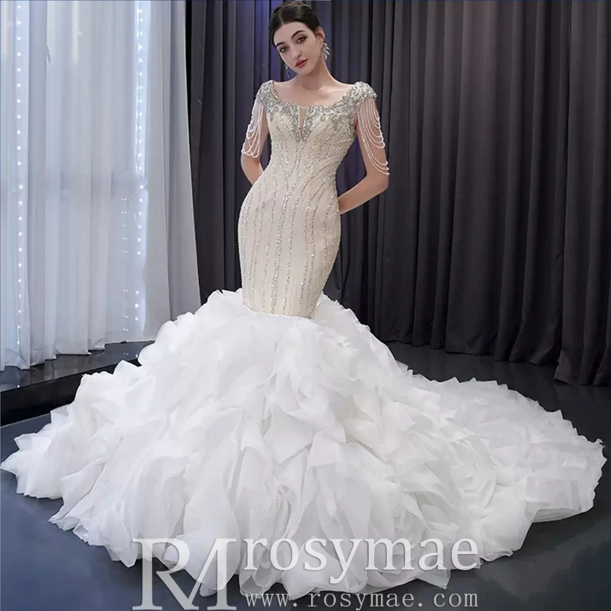 Gorgeous White Mermaid Beading Detachable Cascading Ruffles Wedding Dresses
