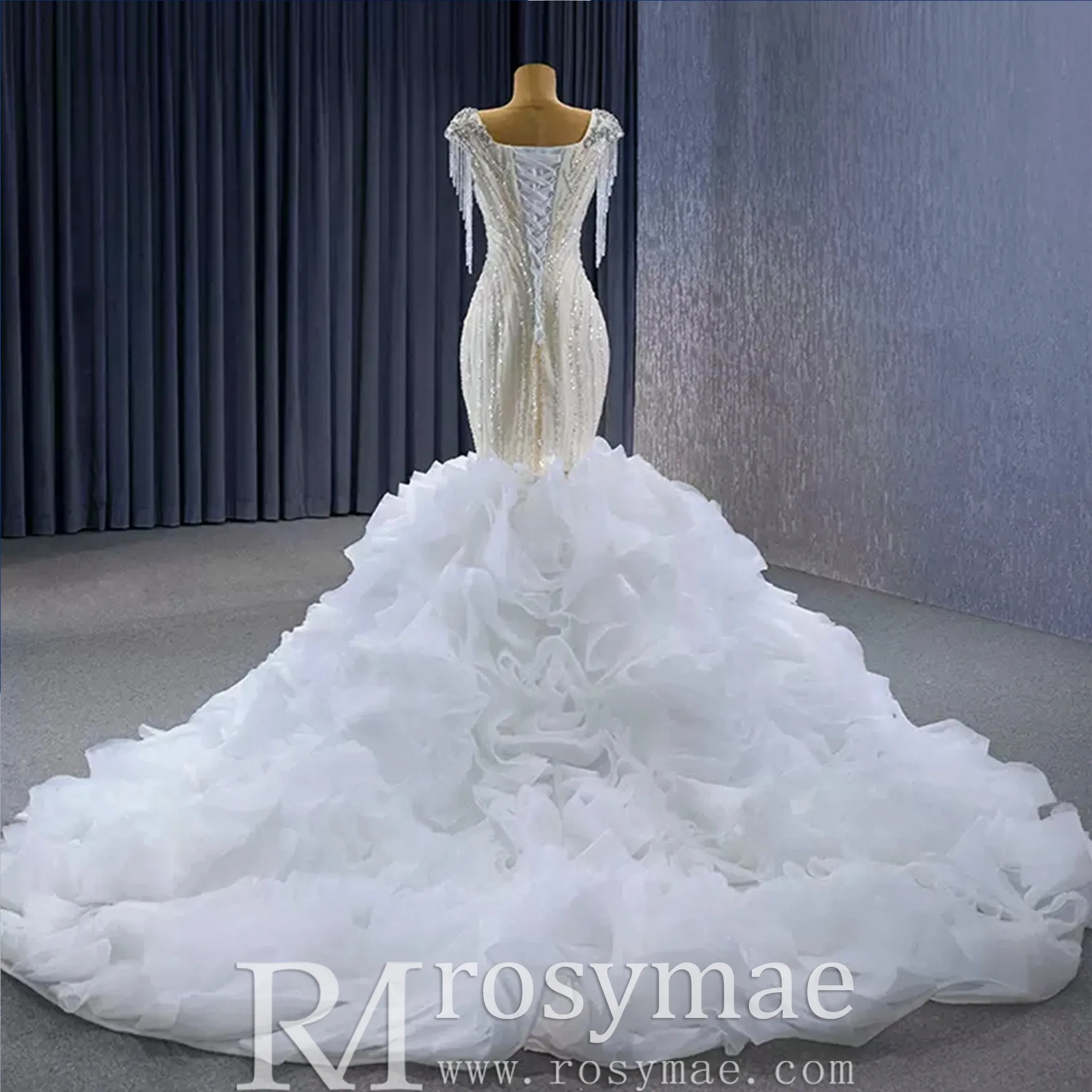 Gorgeous White Mermaid Beading Detachable Cascading Ruffles Wedding Dresses