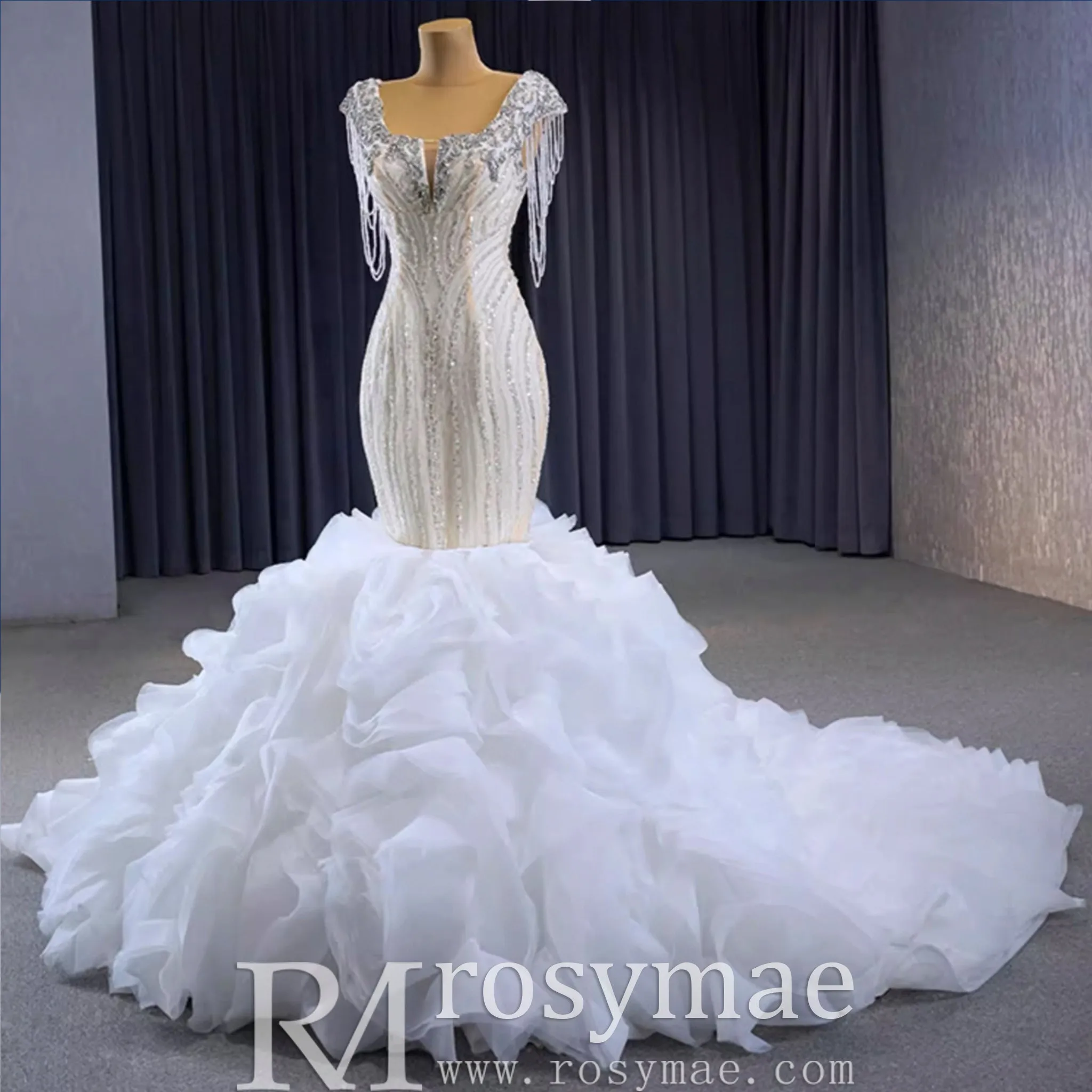 Gorgeous White Mermaid Beading Detachable Cascading Ruffles Wedding Dresses