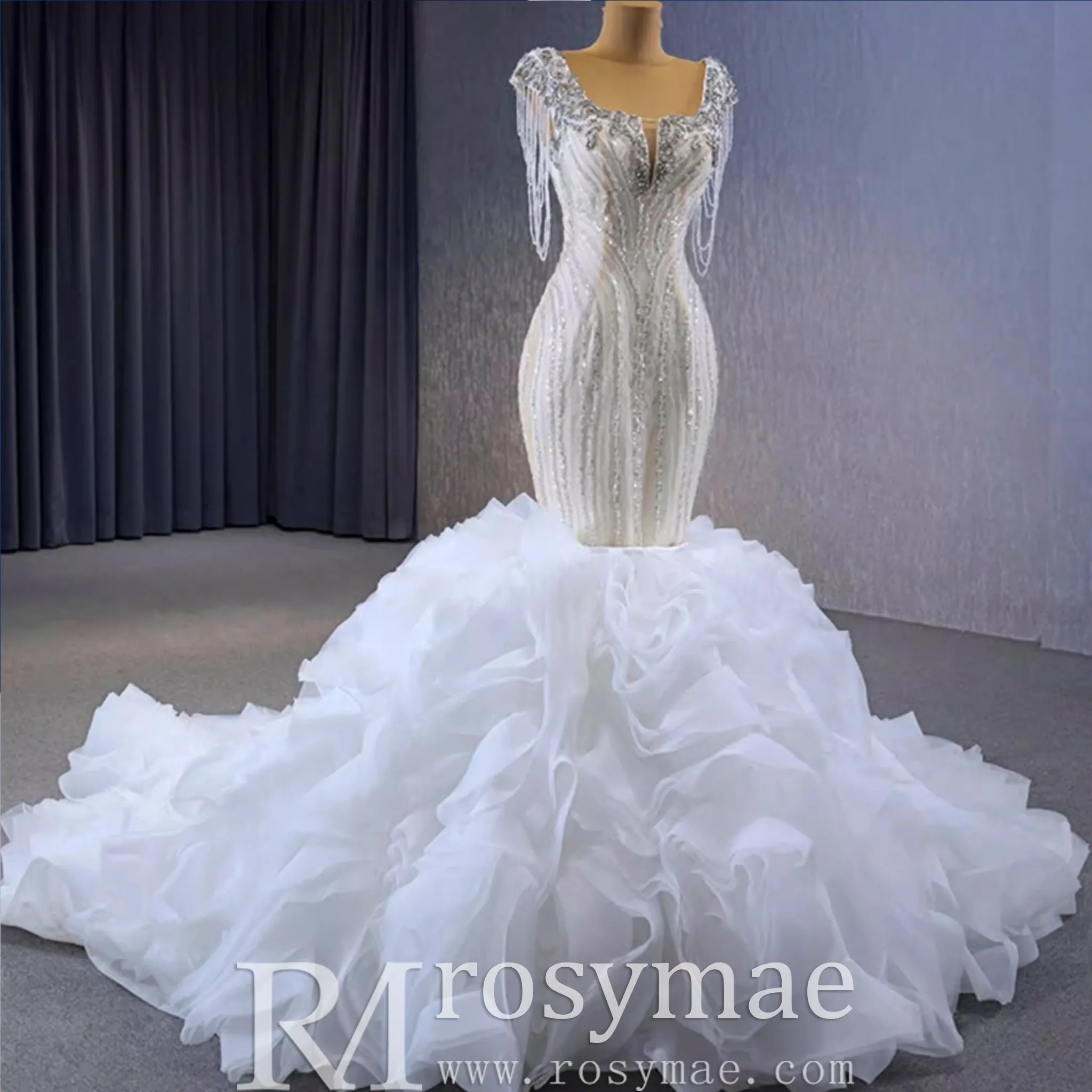 Gorgeous White Mermaid Beading Detachable Cascading Ruffles Wedding Dresses