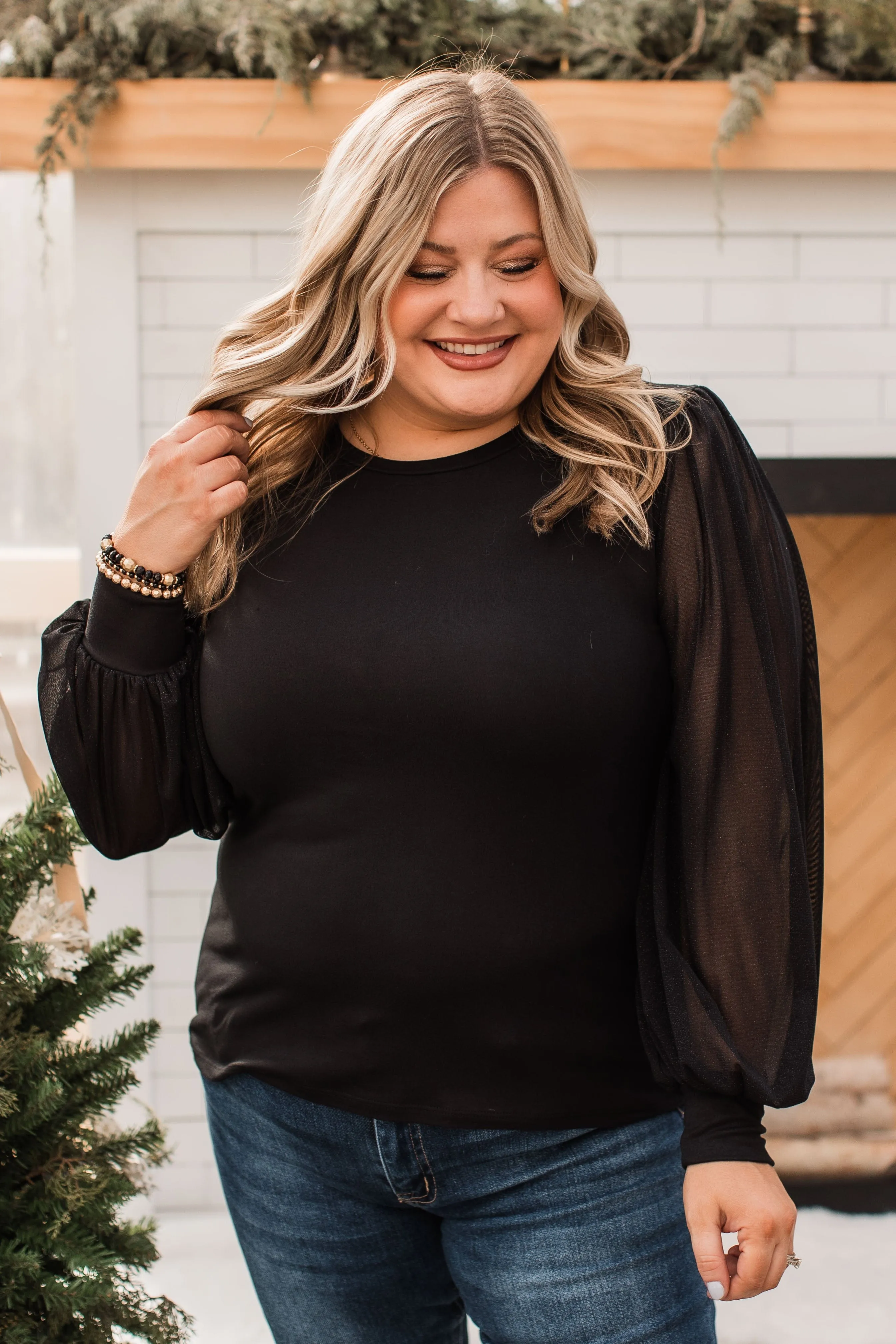 Grand Entrance Shimmer Sleeve Top- Black