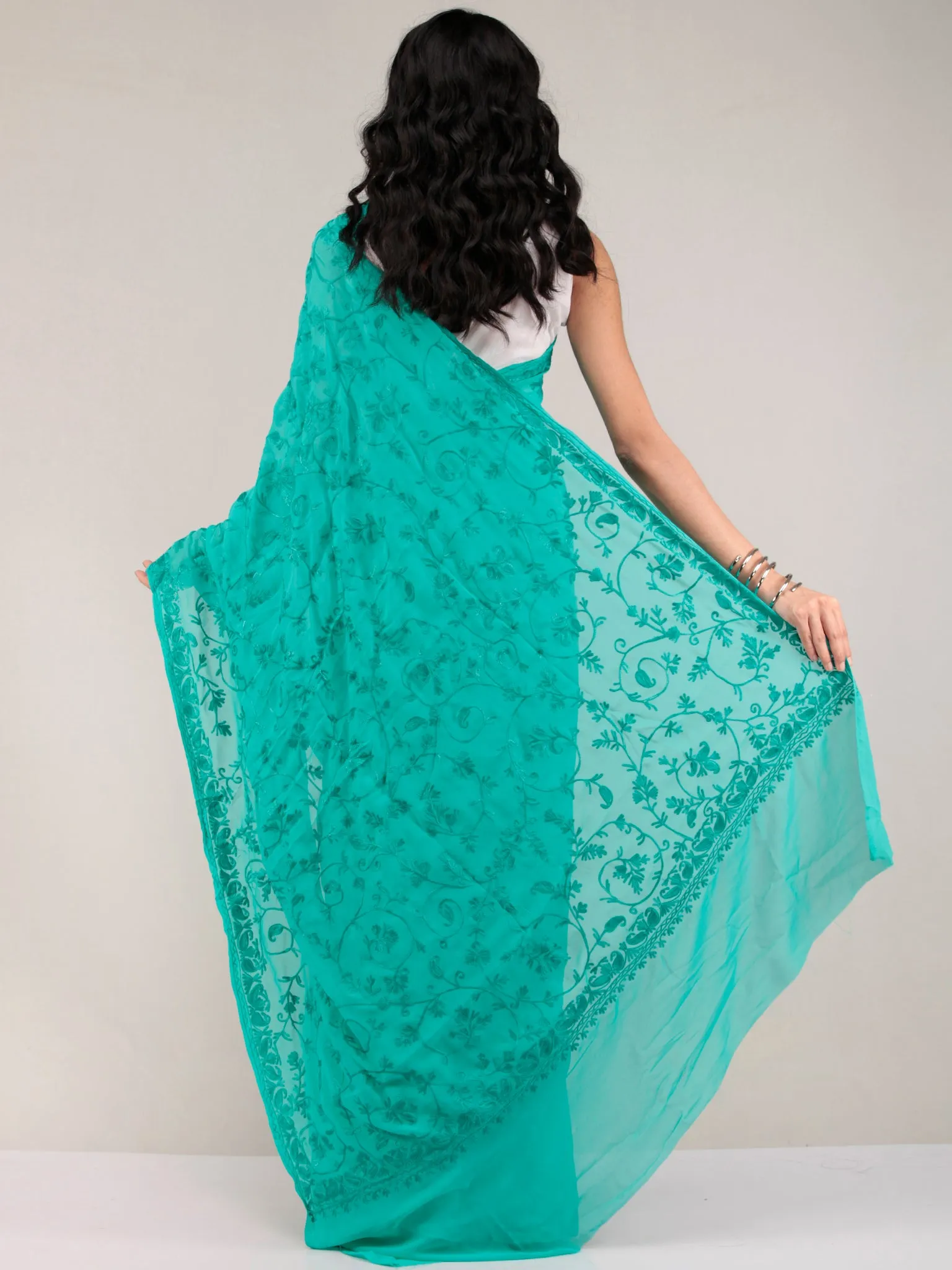 Green Aari Embroidered Georgette Saree From Kashmir - S031704643