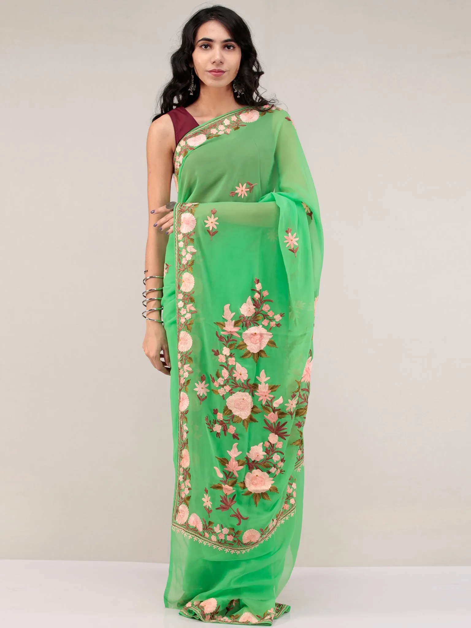 Green Aari Embroidered Georgette Saree From Kashmir - S031704668