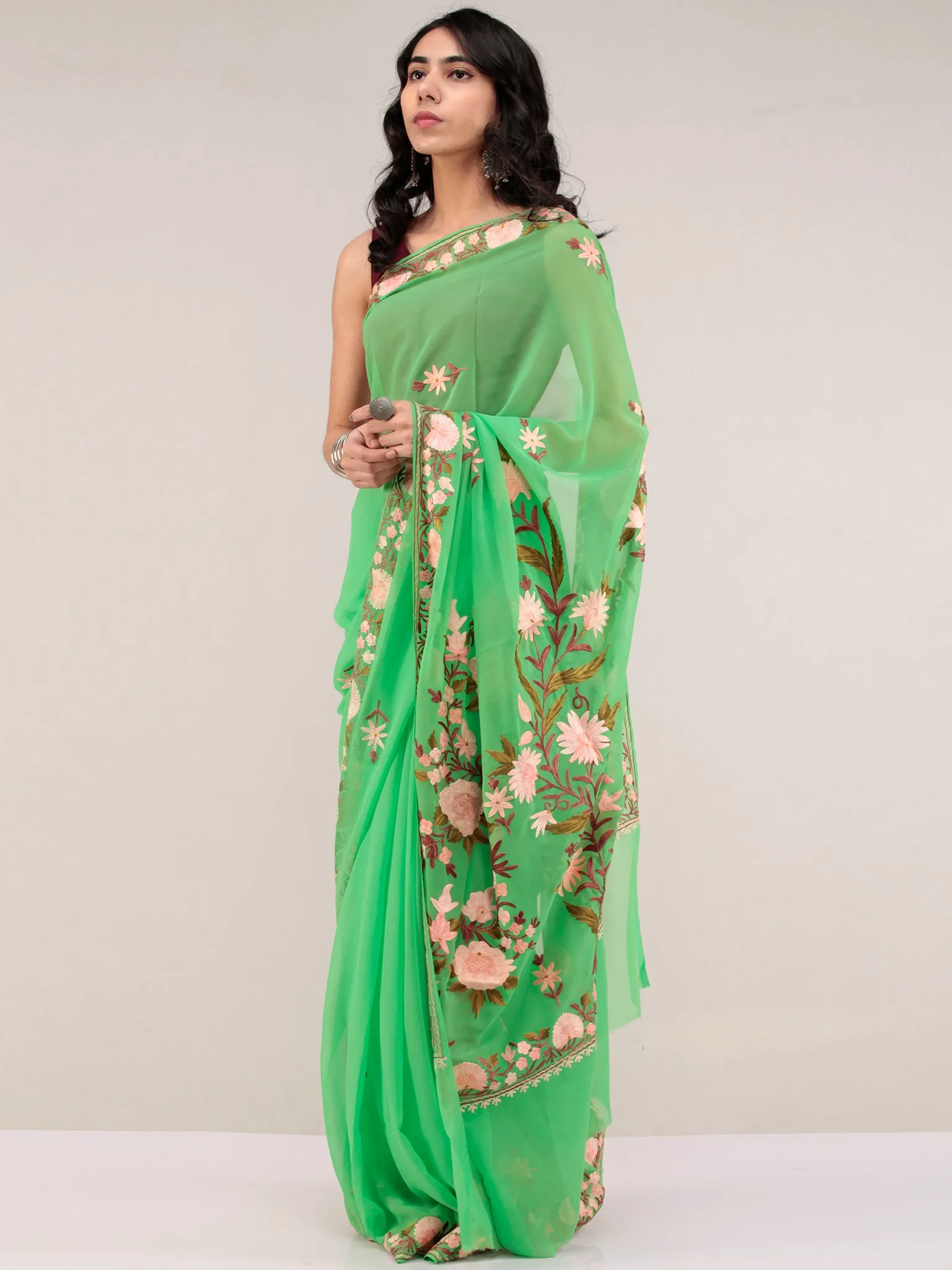 Green Aari Embroidered Georgette Saree From Kashmir - S031704668