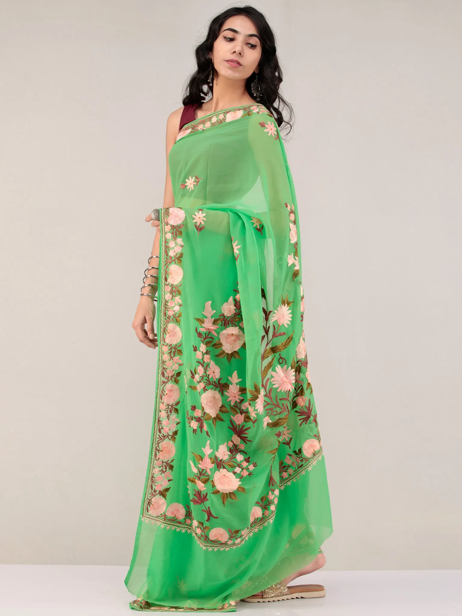 Green Aari Embroidered Georgette Saree From Kashmir - S031704668