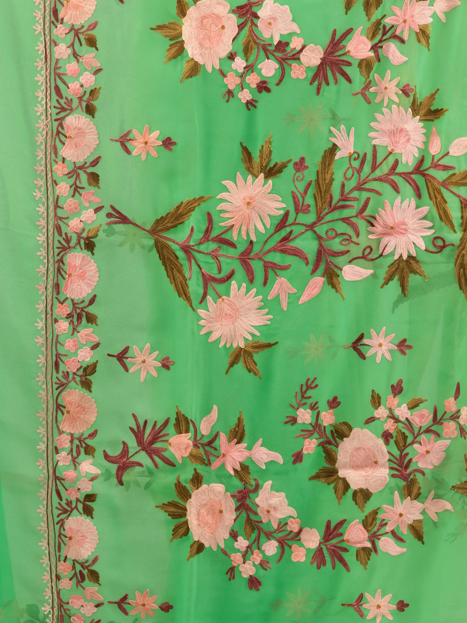 Green Aari Embroidered Georgette Saree From Kashmir - S031704668