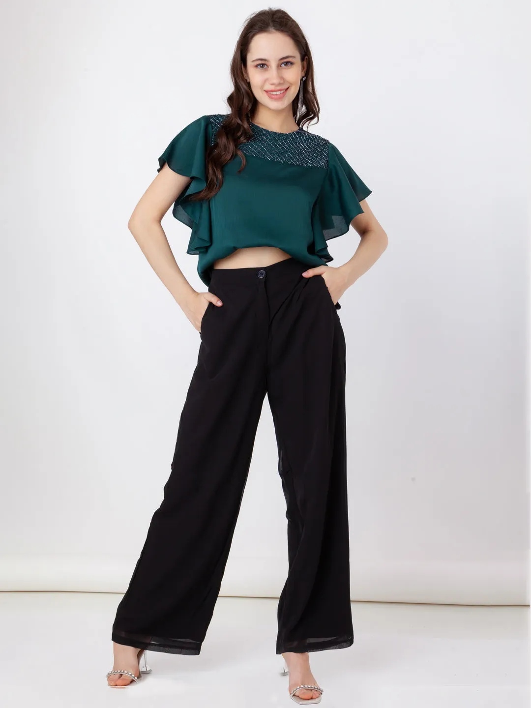 Green Embroidered Regular Top