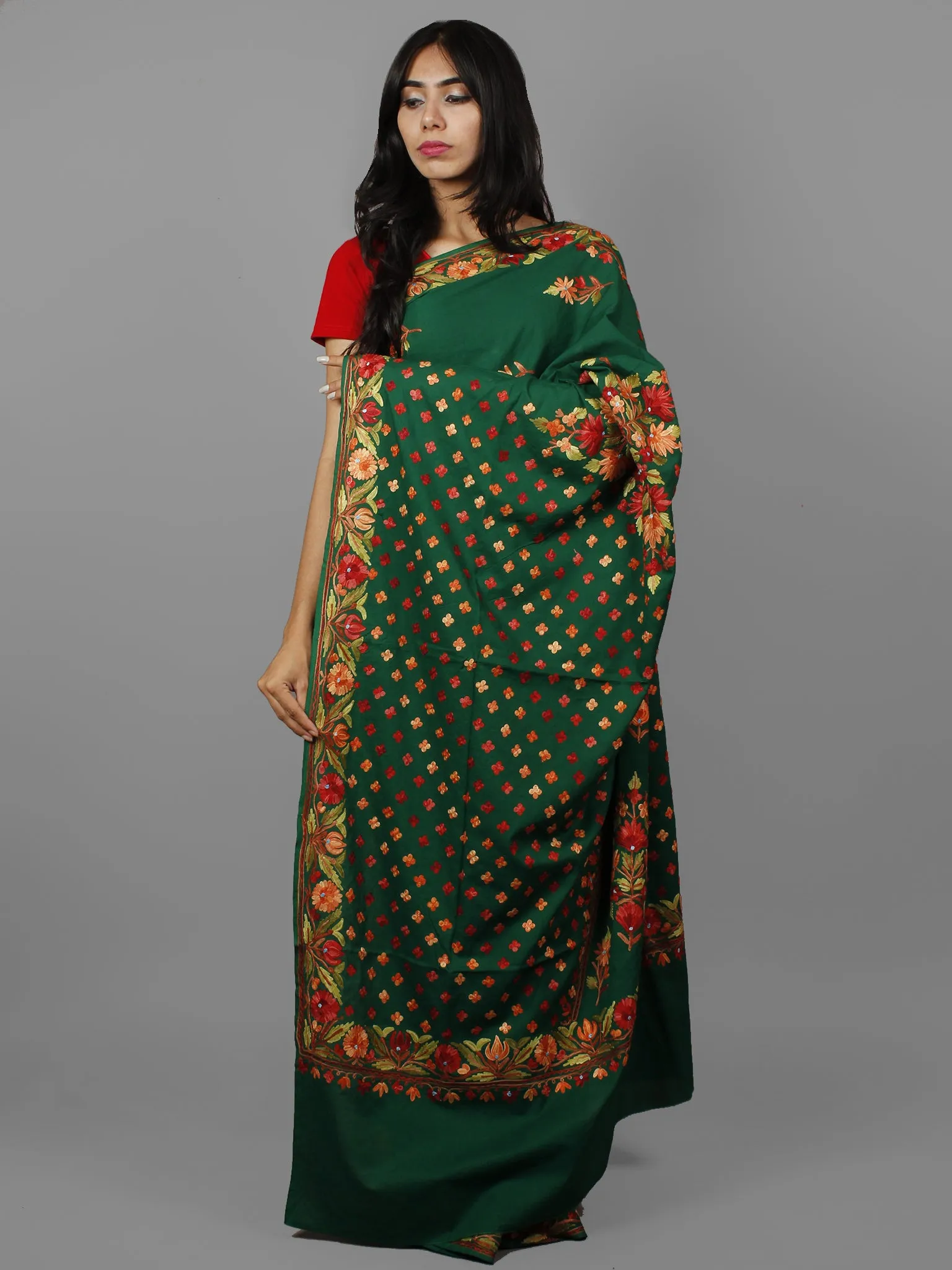 Green Maroon Red Aari Embroidered Cotton Saree From Kashmir  - S031702170