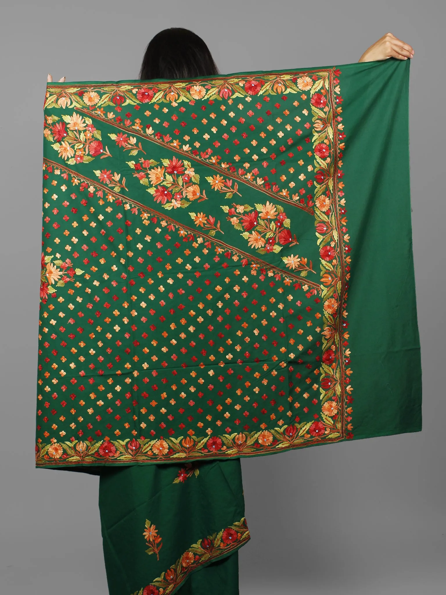 Green Maroon Red Aari Embroidered Cotton Saree From Kashmir  - S031702170