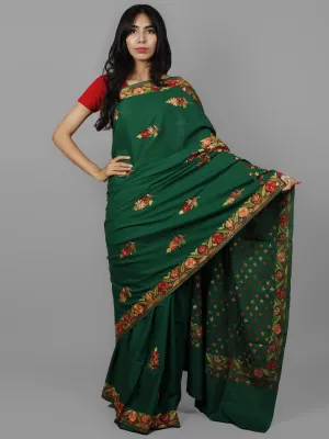 Green Maroon Red Aari Embroidered Cotton Saree From Kashmir  - S031702170