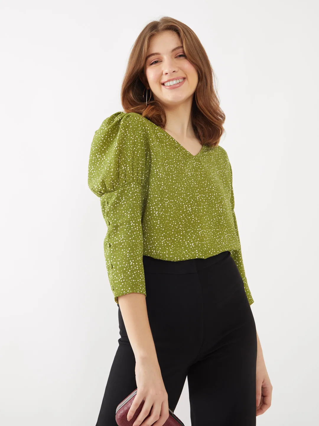 Green Polka Puff Sleeve Top