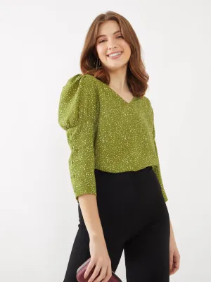 Green Polka Puff Sleeve Top