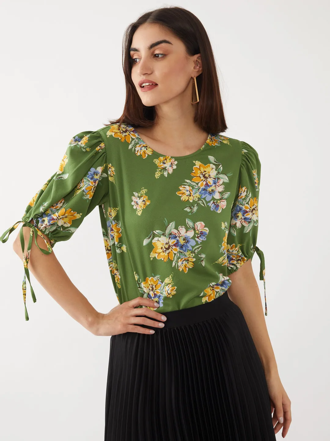 Green Printed Puff Sleeve Top