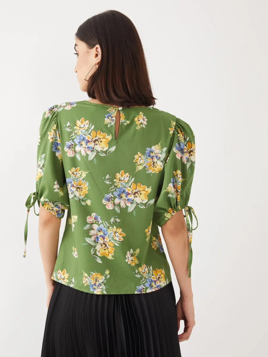 Green Printed Puff Sleeve Top