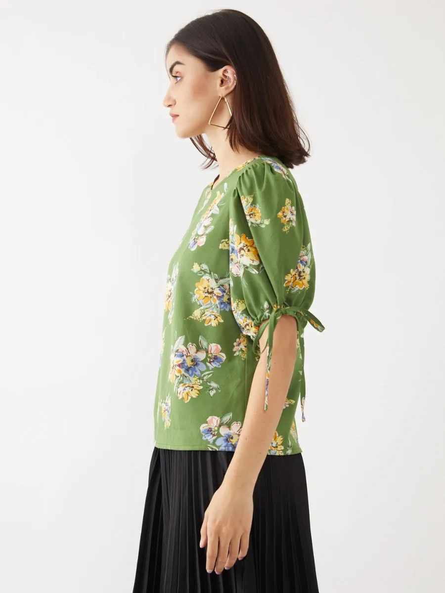 Green Printed Puff Sleeve Top
