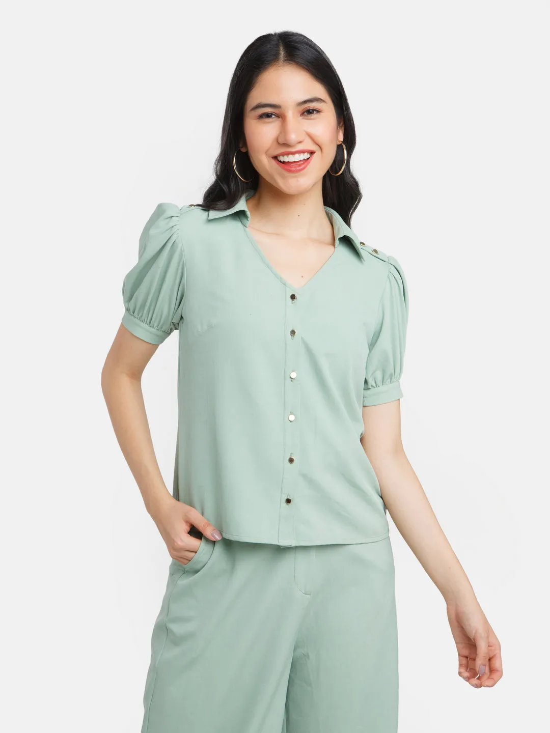Green Solid Puff Sleeve Top